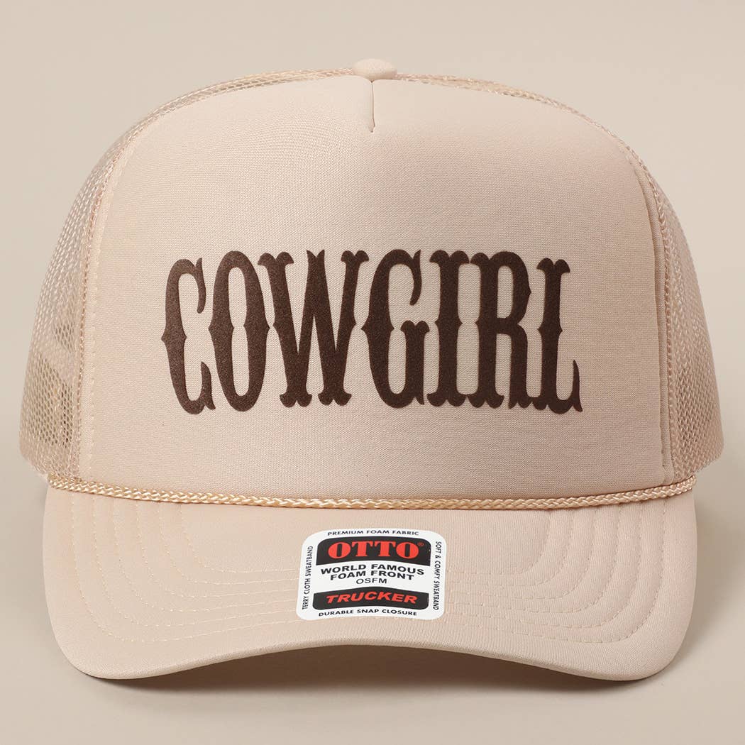 COWGIRL Text Logo Printed Mesh Back Trucker Hat TAN