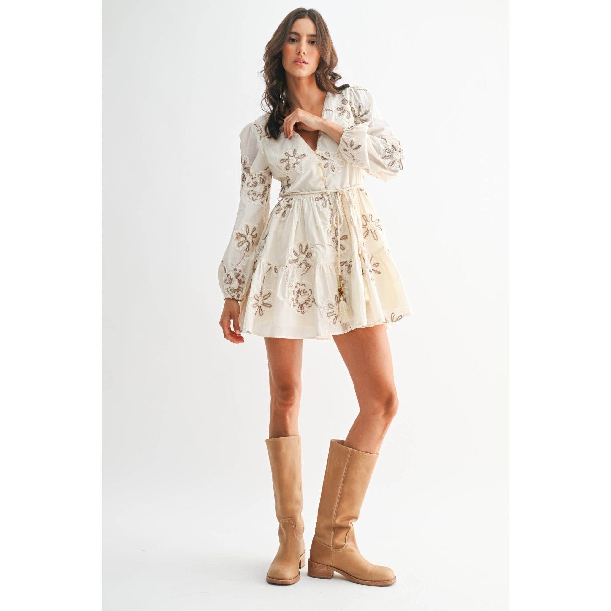 Embroidered Floral Dress Cream