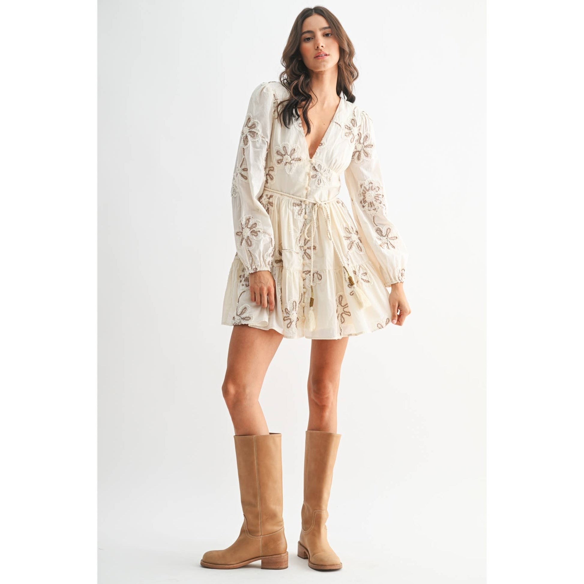Embroidered Floral Dress Cream
