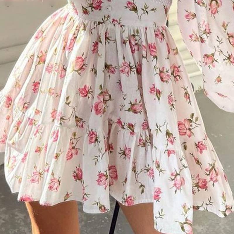 Sweet Floral Print V-Neck Lace Pleated Dress