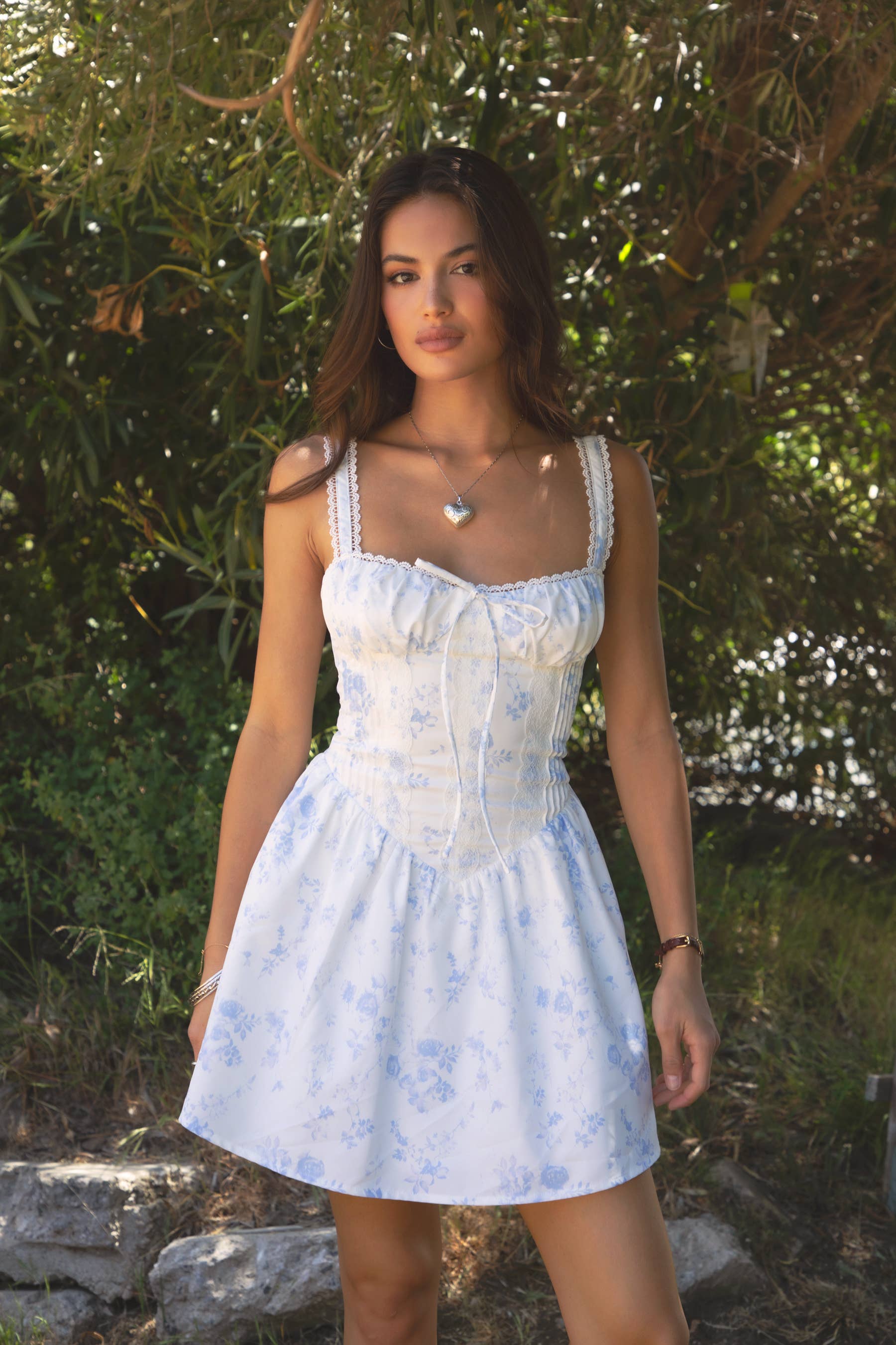 Floral Print Corset Mini Dress: White Blue