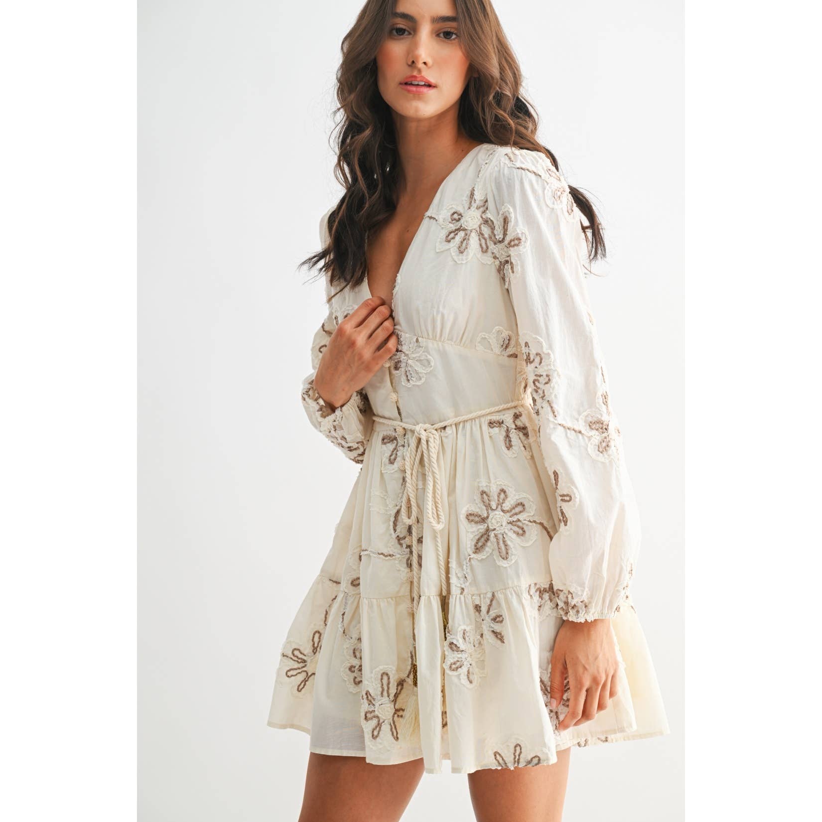 Embroidered Floral Dress Cream
