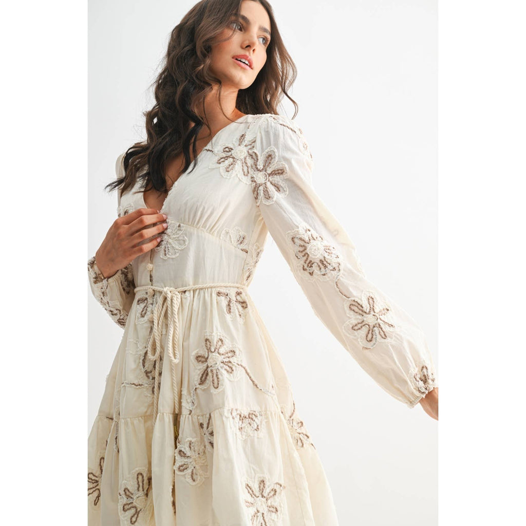 Embroidered Floral Dress Cream