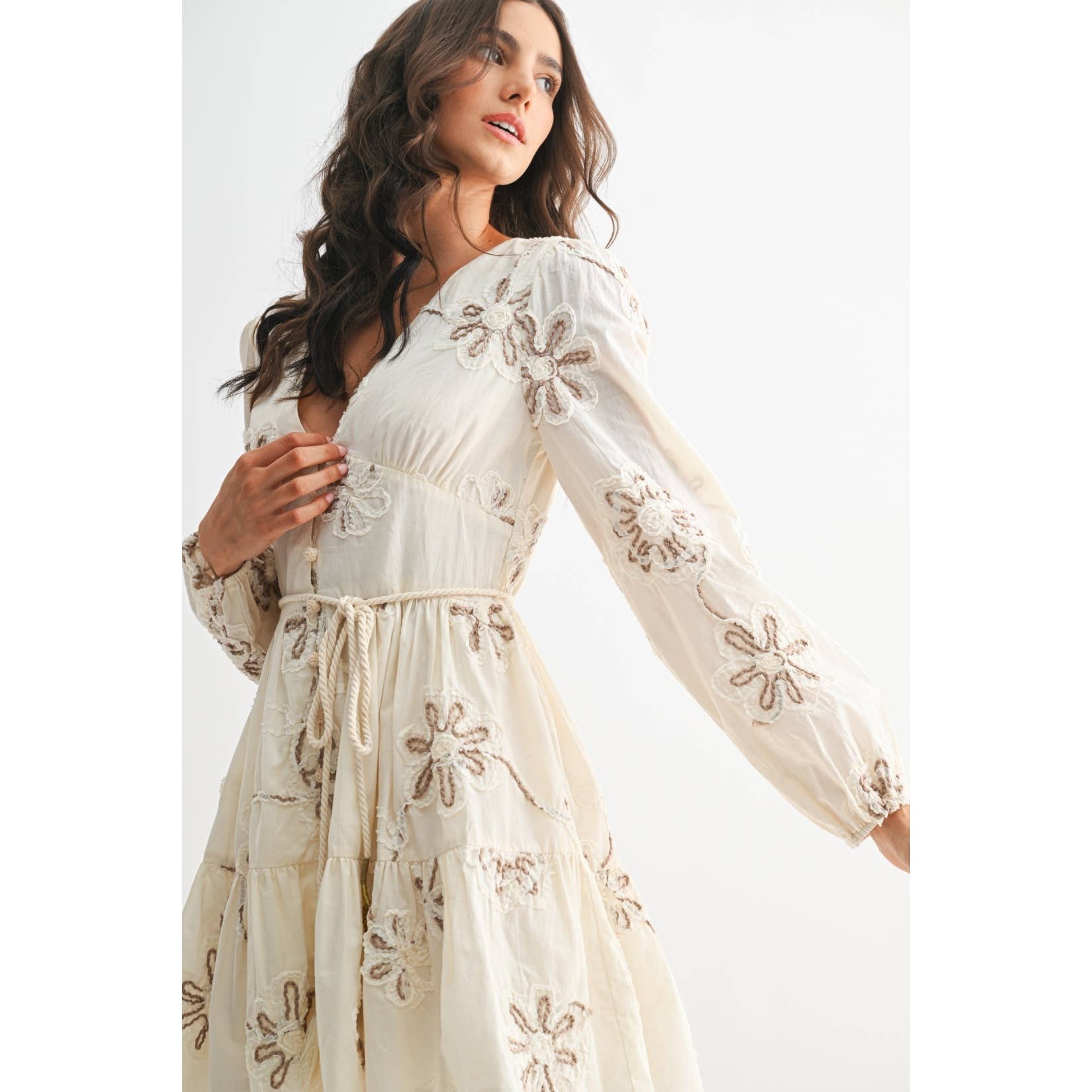 Embroidered Floral Dress Cream
