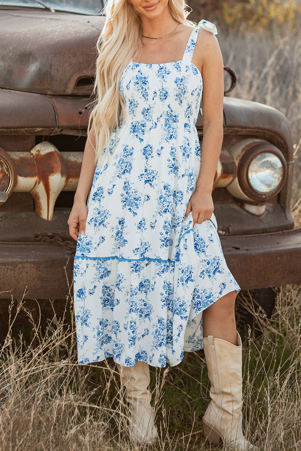 Sky Blue Floral Print Long Dress