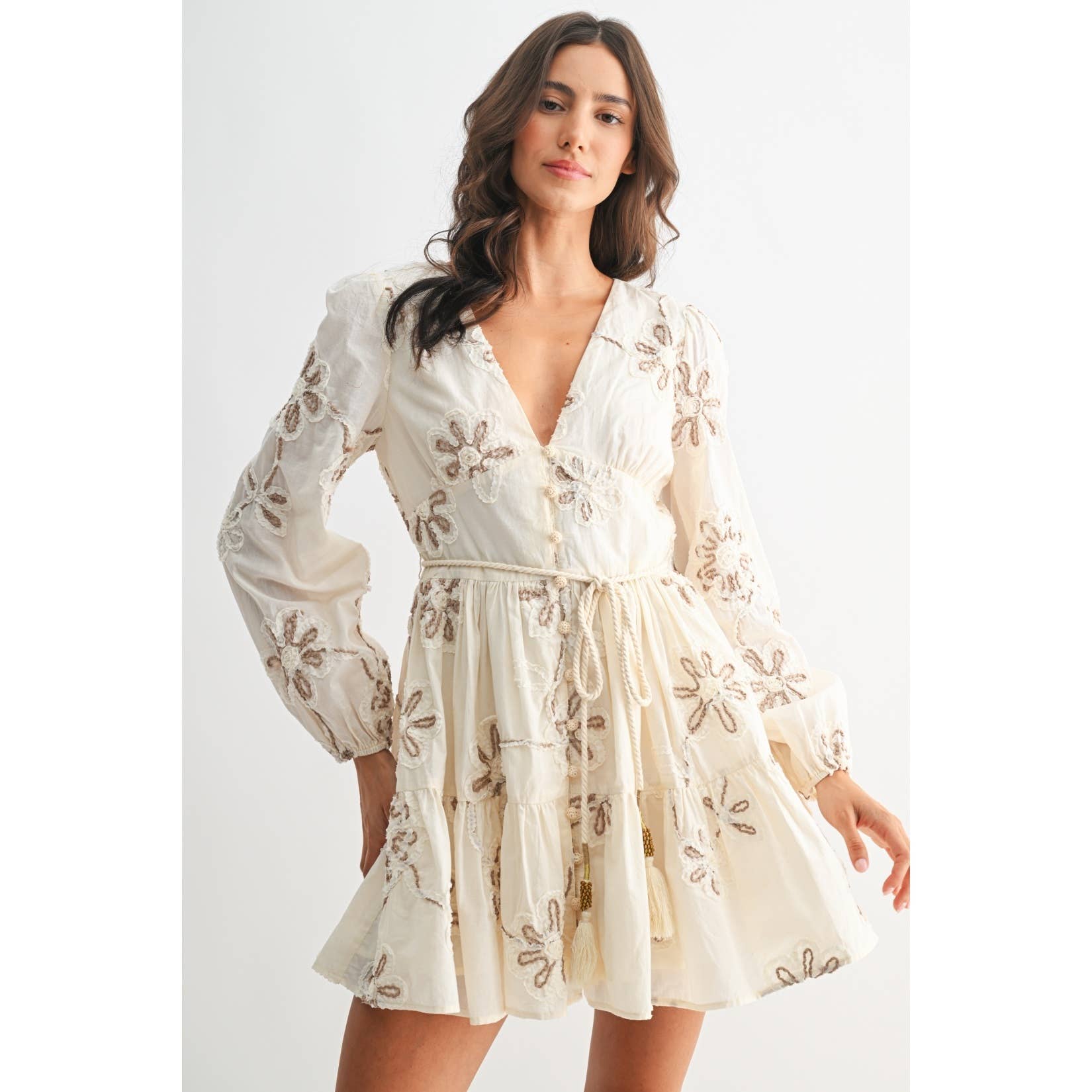 Embroidered Floral Dress Cream