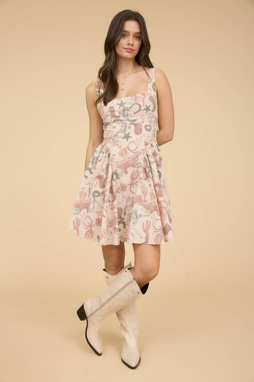 Western Print Sleeveless Mini Dress