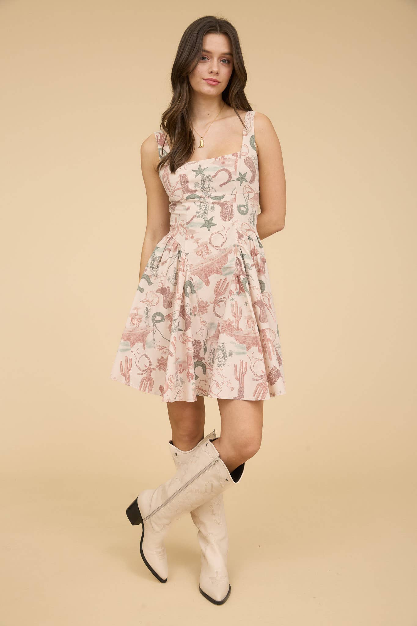 Western Print Sleeveless Mini Dress