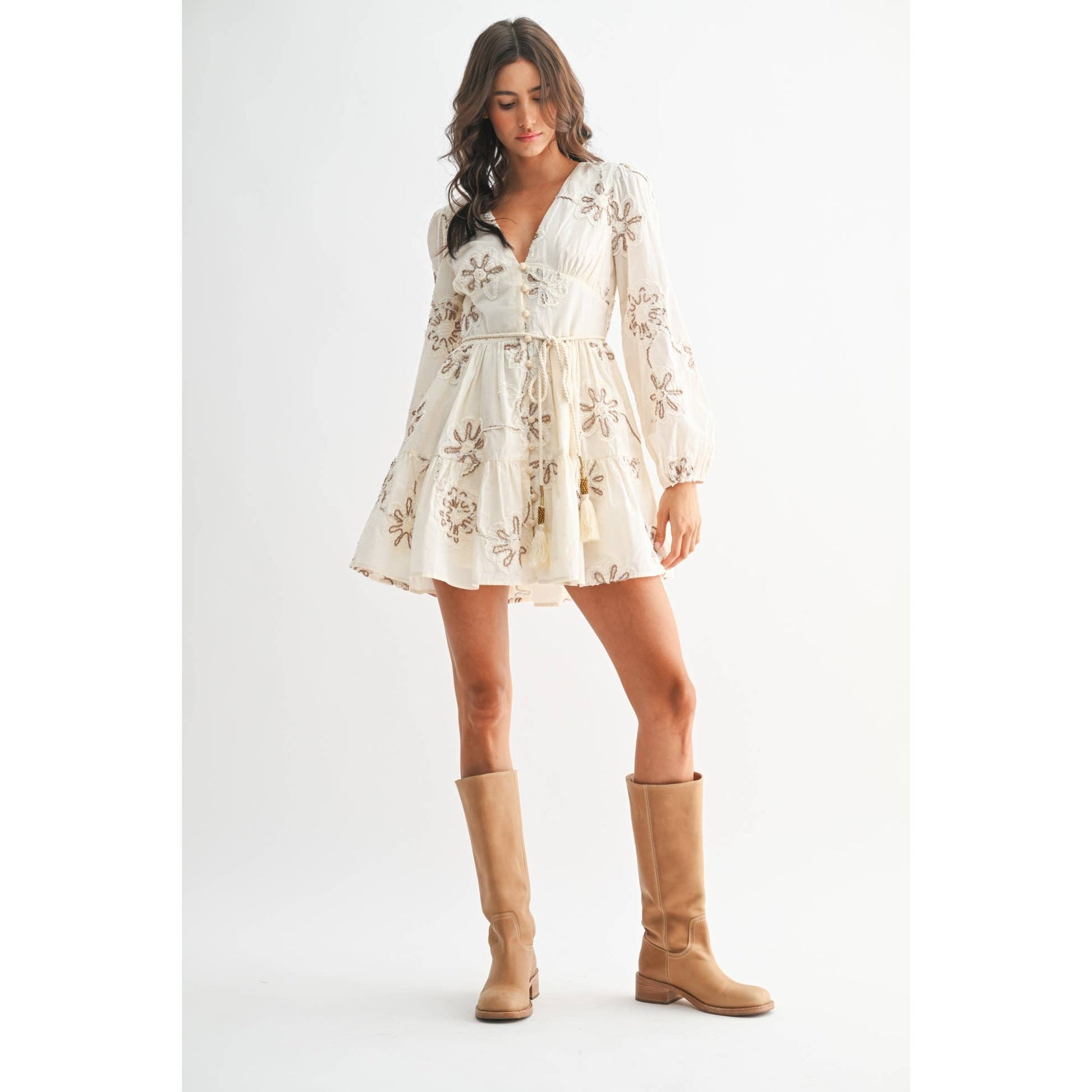 Embroidered Floral Dress Cream