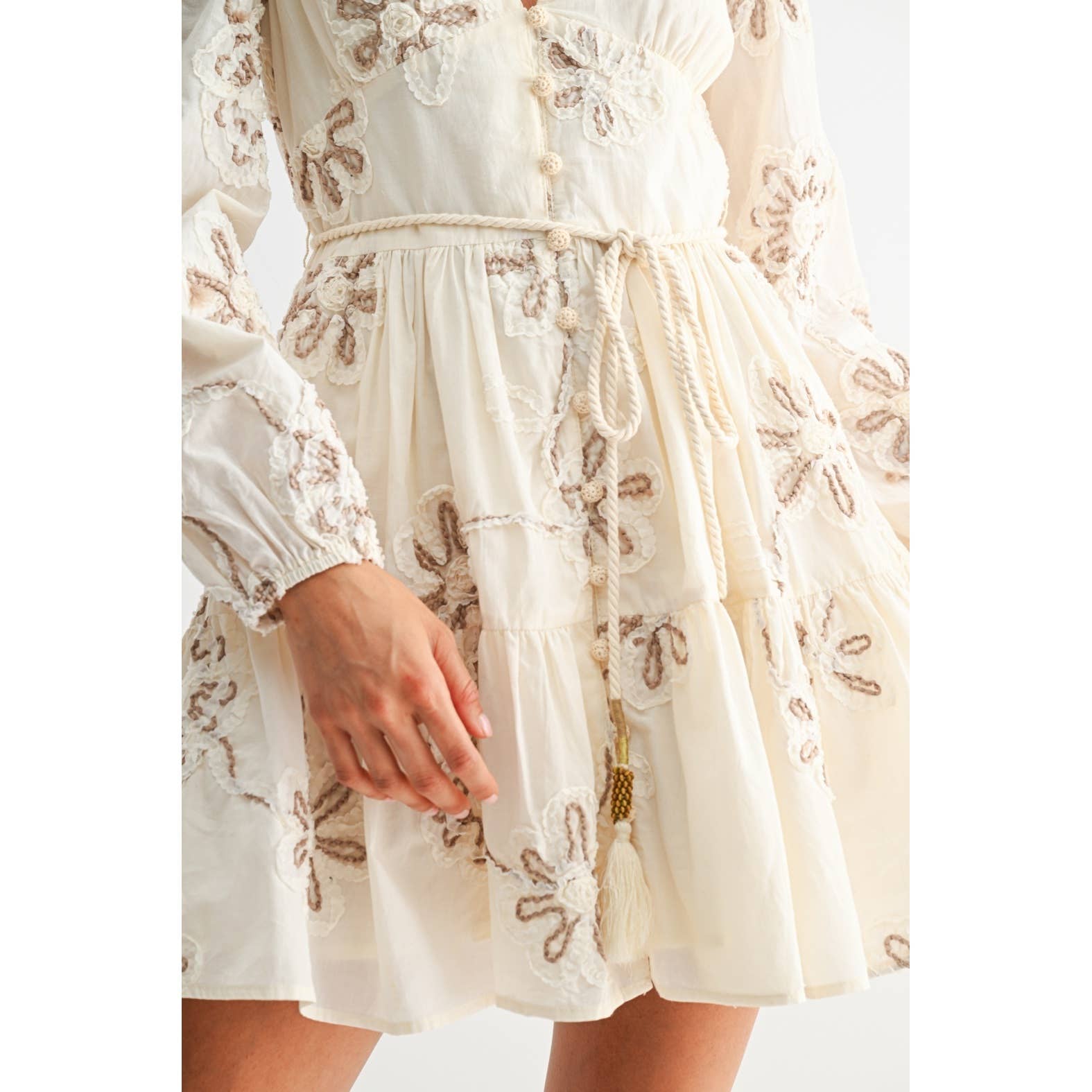 Embroidered Floral Dress Cream